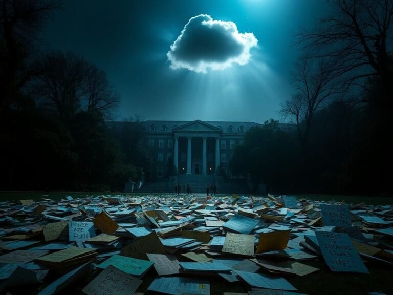 Flick International Empty campus protest scene at Columbia University with colorful, torn signs advocating for justice.