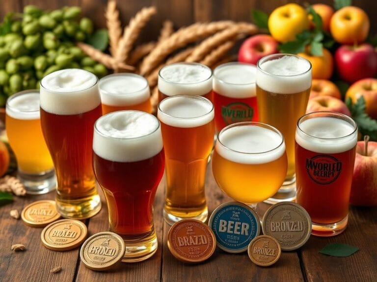 Flick International An array of award-winning American craft beers and ciders displayed on a rustic wooden table.