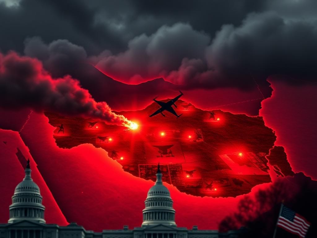 Flick International Aerial view of a distorted map of Iran with military strike overlays