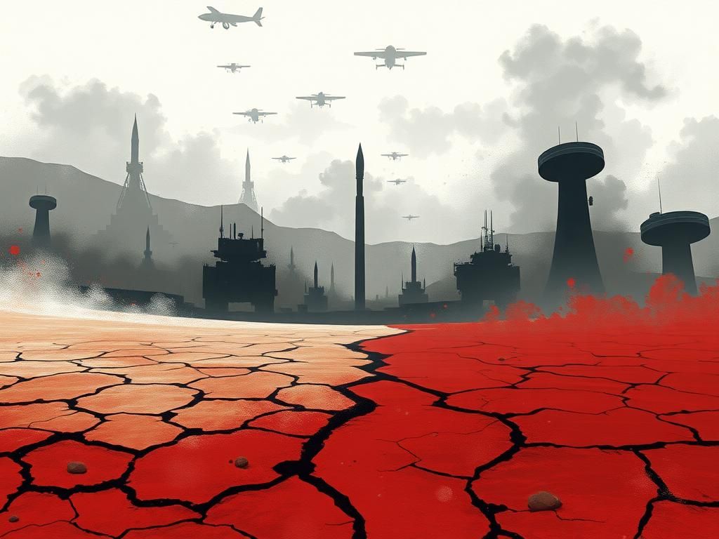 Flick International Abstract depiction of geopolitical tensions with military structures