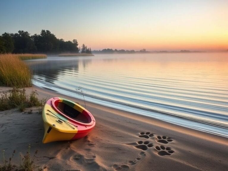 Flick International Overturned kayak on sandy shore at Lavon Lake, Texas