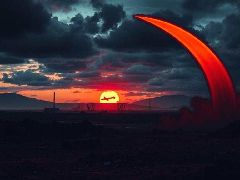 Flick International Dramatic war-torn cityscape at dusk with ominous clouds and missile activity