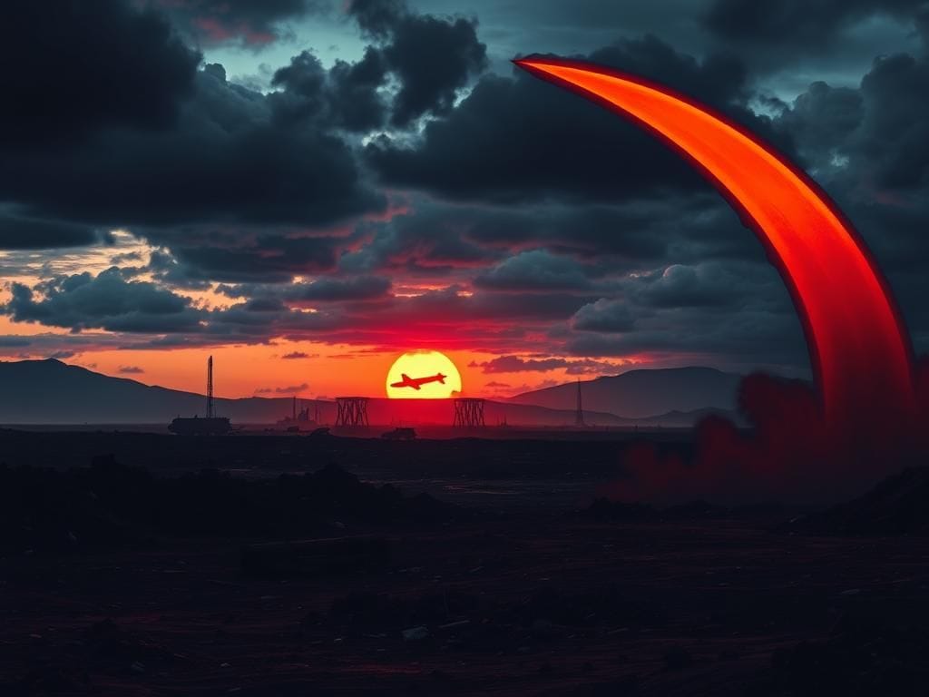 Flick International Dramatic war-torn cityscape at dusk with ominous clouds and missile activity