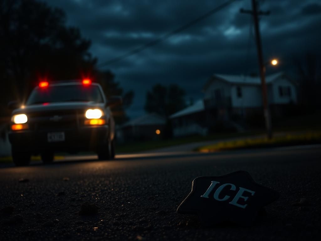 Flick International Nighttime view of a dark suburban street in Tennessee with an unmarked government vehicle amid flashing lights