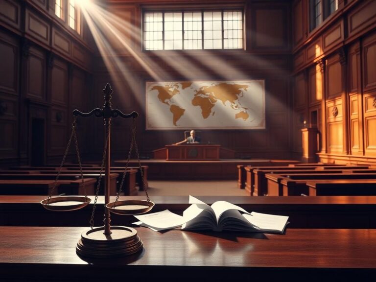 Flick International Dramatic courtroom interior with justice scales and gavel