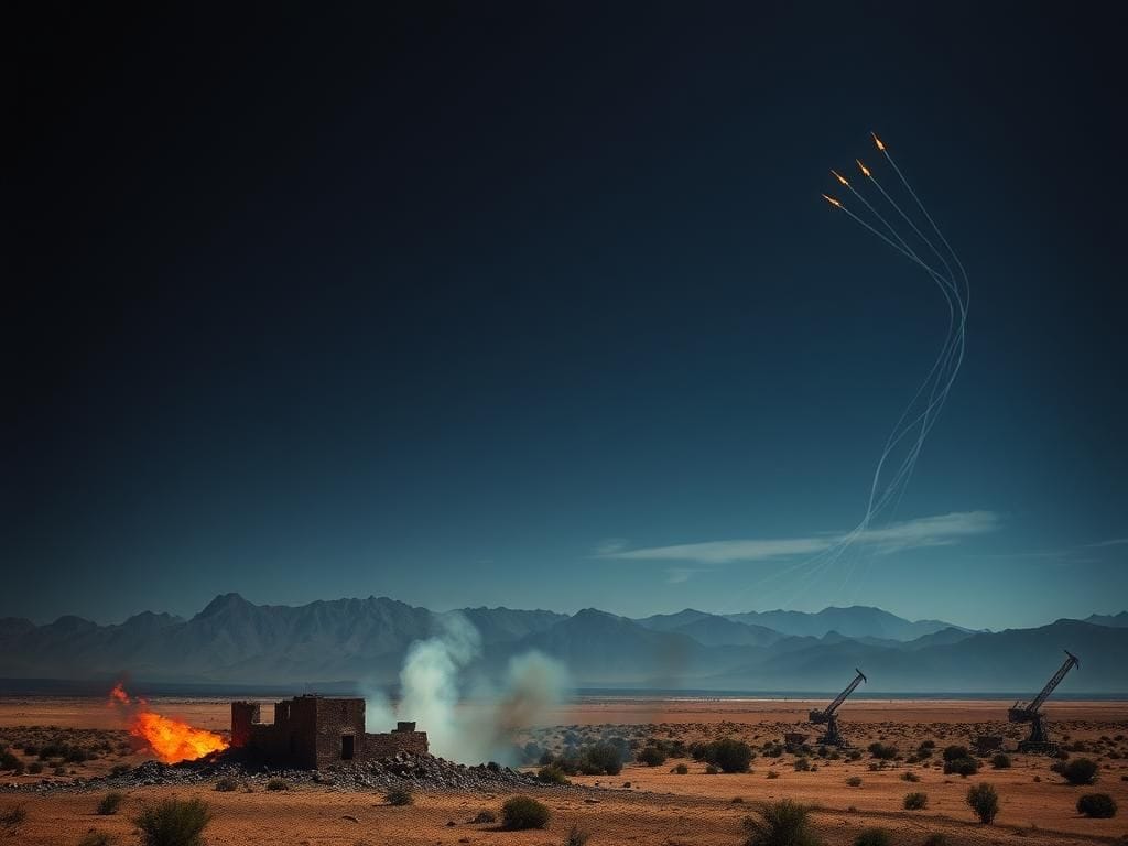 Flick International Dramatic night sky depicting military aircraft over a tense landscape after a conflict