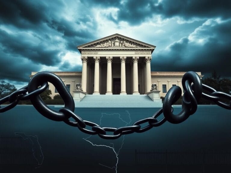 Flick International Dramatic court scene featuring the Supreme Court building against a stormy sky, symbolizing immigration law tensions.