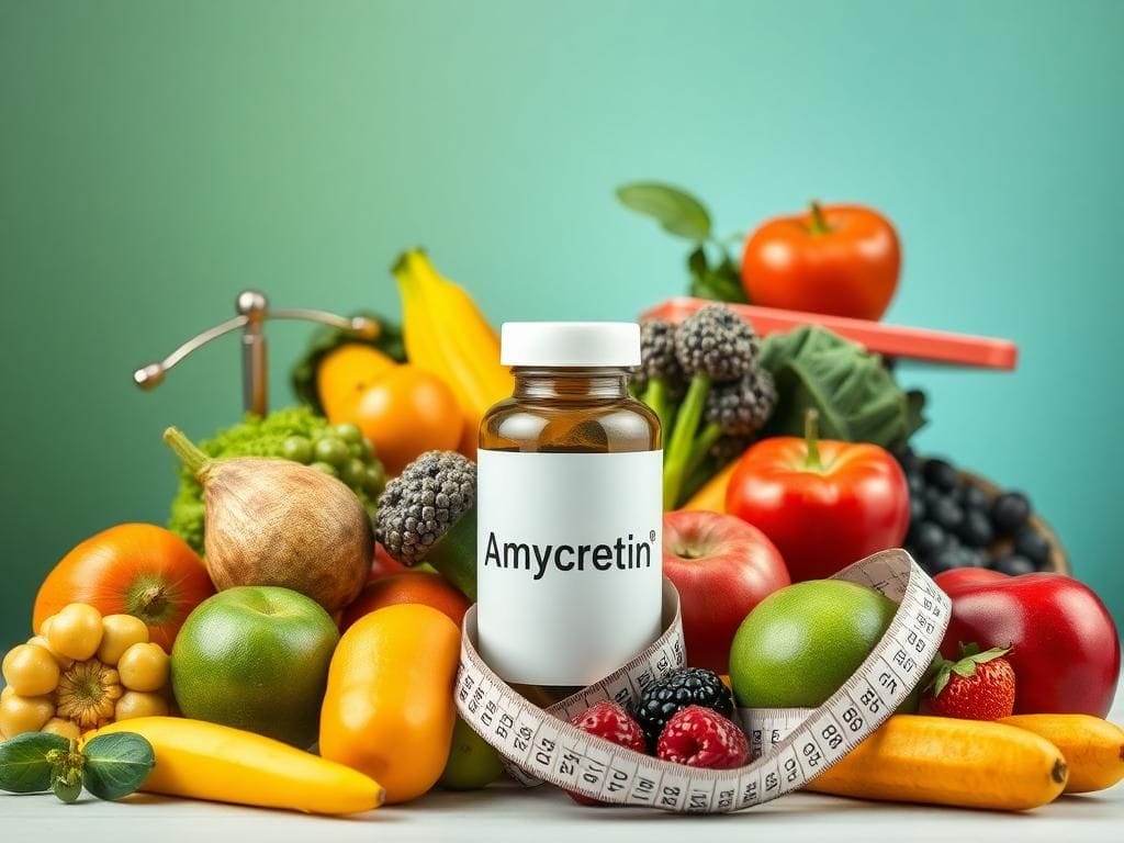 Flick International Sleek modern pharmaceutical bottle labeled 'Amycretin' surrounded by fresh fruits and vegetables symbolizing health