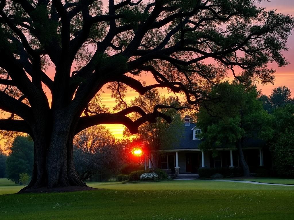 Flick International Serene Southern landscape at sunset with an oak tree and family home