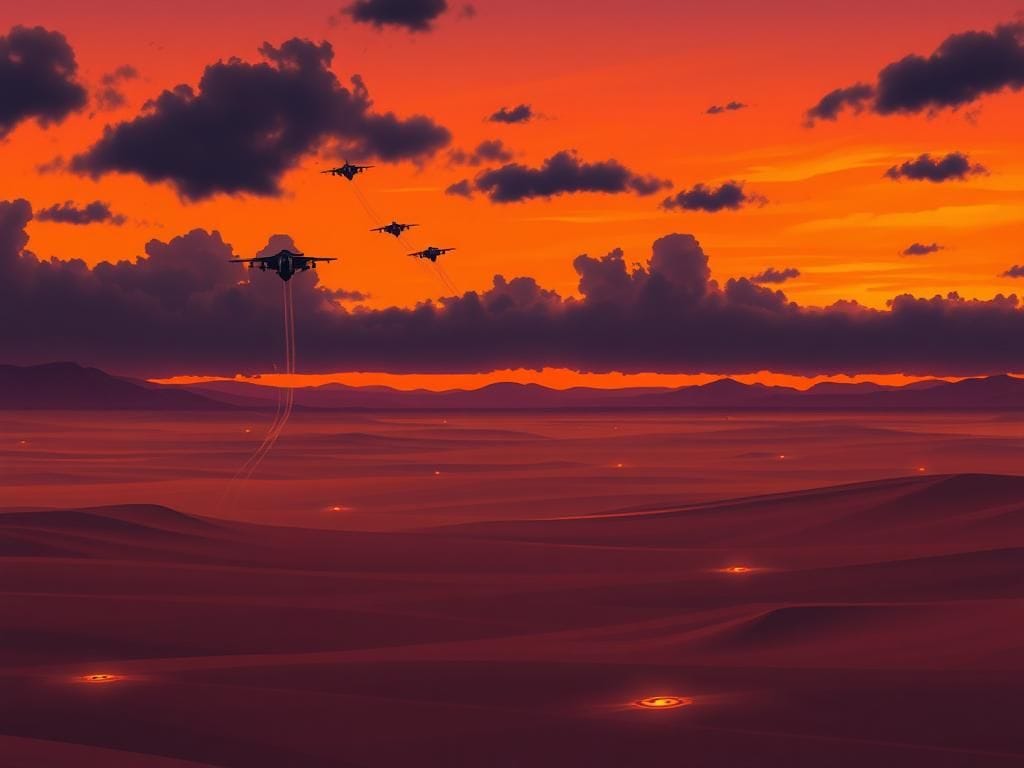 Flick International A dramatic desert landscape with military aircraft flying above, symbolizing tension related to military decisions