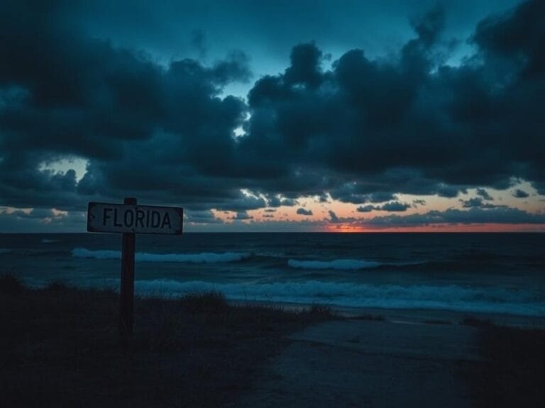 Flick International A stark landscape of the Florida coastline at dusk, with a weathered signpost symbolizing immigration paths.