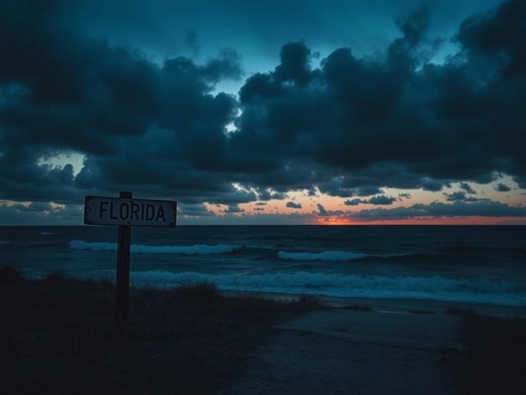 Flick International A stark landscape of the Florida coastline at dusk, with a weathered signpost symbolizing immigration paths.