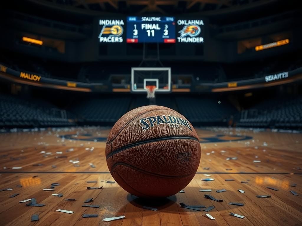 Flick International Empty basketball court after Pacers' Game 7 loss with a single abandoned basketball