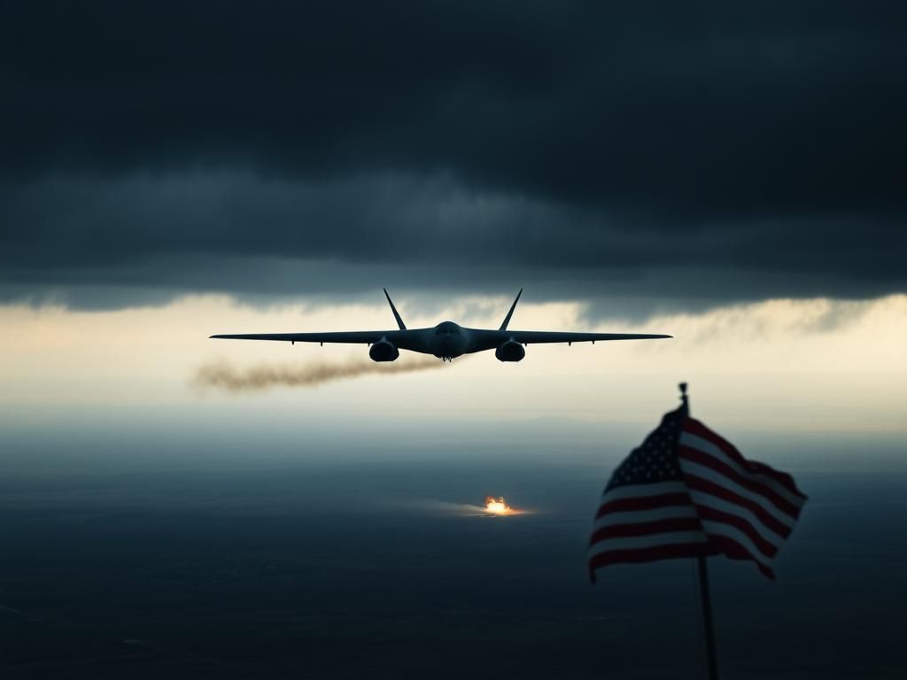 Flick International A military aircraft, possibly a B-2 bomber, flying over a darkening sky and barren landscape, symbolizing conflict.