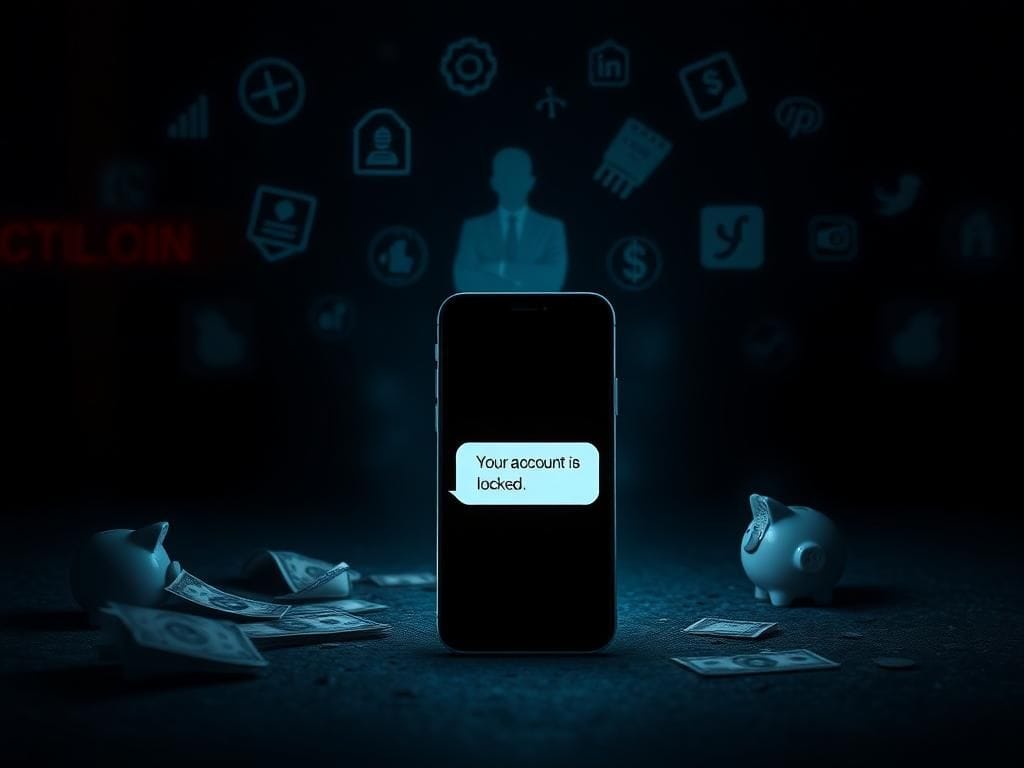 Flick International dark setting depicting modern scams with a smartphone showing a locked account message