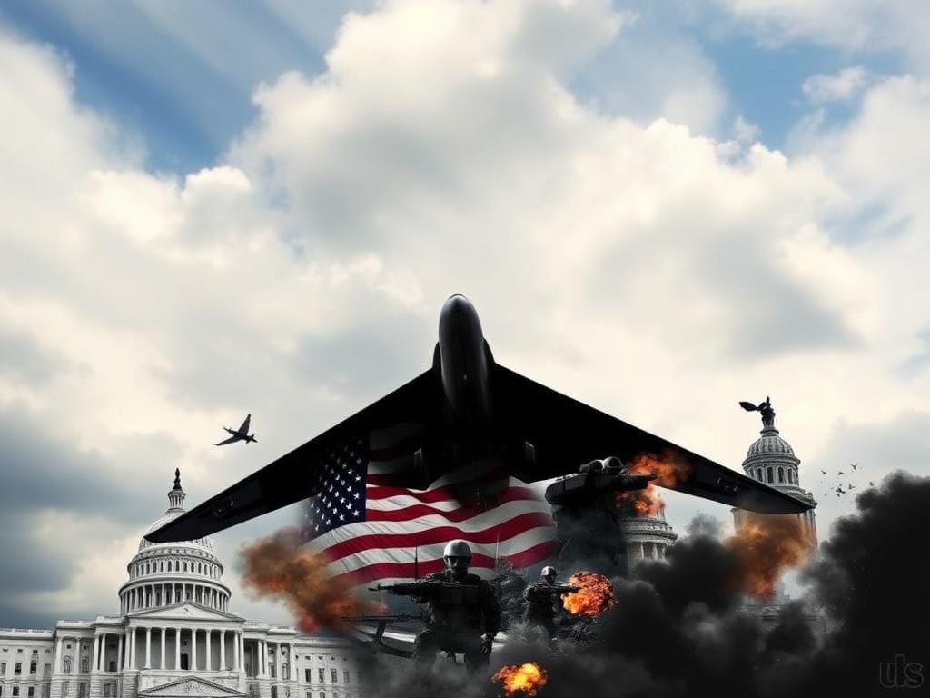 Flick International Silhouette of a B-2 stealth bomber flying through a cloudy sky with fragmented images of congressional buildings below