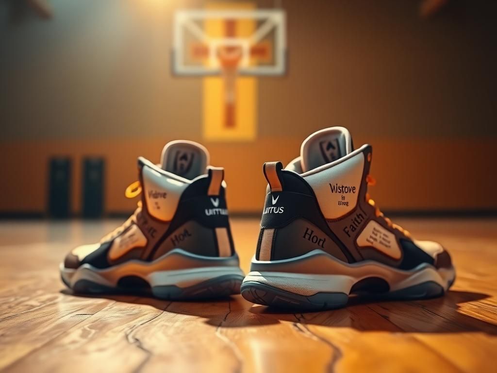 Flick International Basketball sneakers with Bible verses on a wooden court