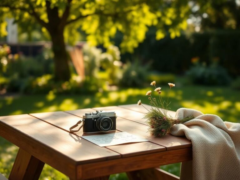 Flick International Lush garden scene with picnic table set for family memories