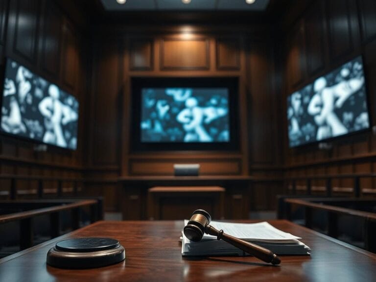 Flick International Dimly lit courtroom interior with empty witness stand and legal documents