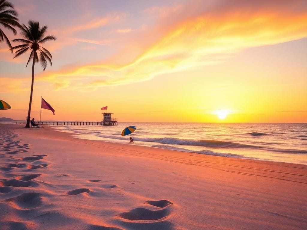 Flick International A serene beach scene at Coligny Beach Park with vibrant sunset colors and palm trees swaying gently.