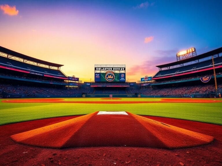 Flick International A vibrant baseball stadium at dusk with the New York Mets logo prominently displayed