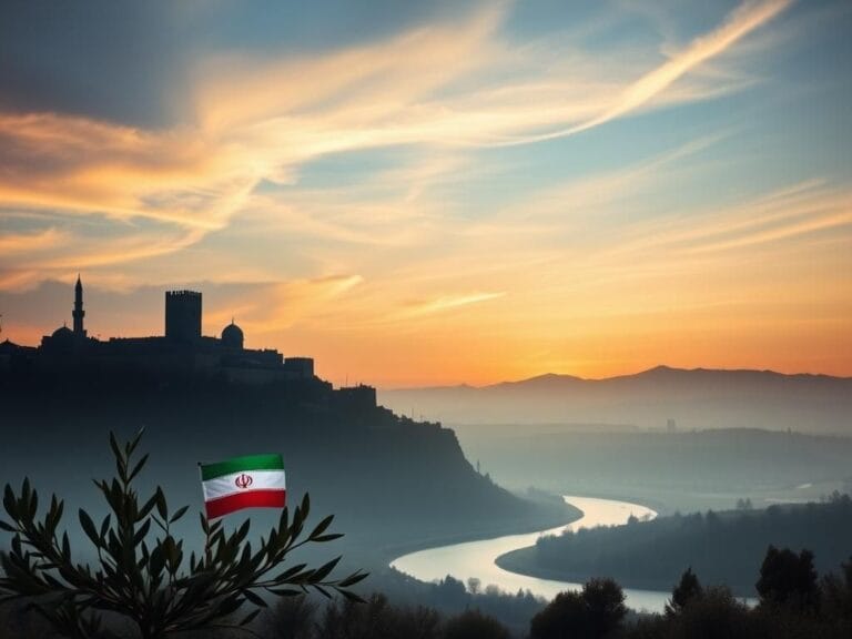 Flick International Serene landscape at dawn featuring iconic landmarks of Israel and Iran with olive branches and flags symbolizing peace