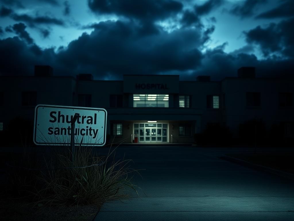 Flick International Empty hospital exterior at dusk with dark clouds and flickering lights