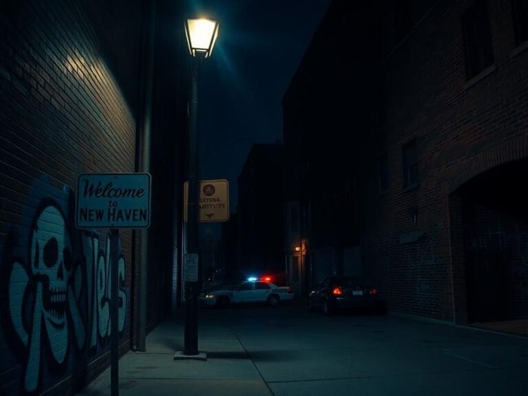 Flick International Dark urban landscape depicting a street in a sanctuary city with gang-related graffiti