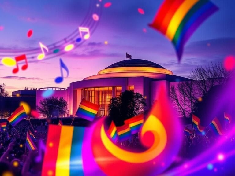 Flick International Colorful scene at the Kennedy Center with rainbow flags and festive lights