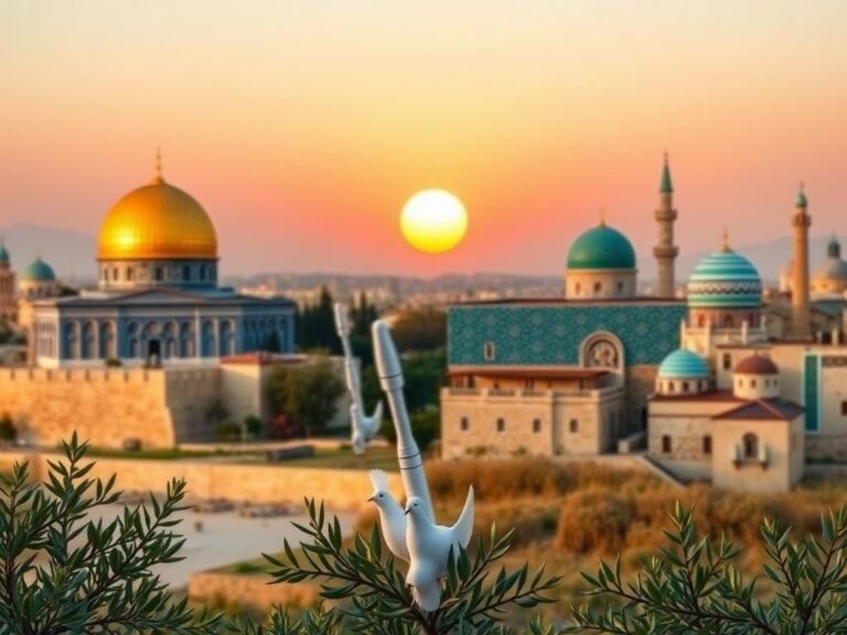 Flick International A serene landscape depicting a divided region symbolizing peace between Israel and Iran