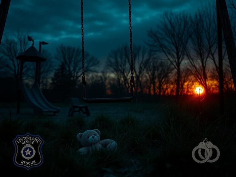 Flick International An abandoned playground at dusk symbolizing lost childhoods with a rusted swing and forgotten teddy bear.