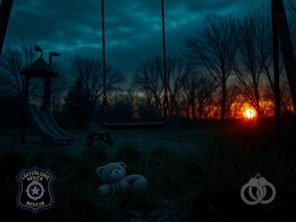 Flick International An abandoned playground at dusk symbolizing lost childhoods with a rusted swing and forgotten teddy bear.
