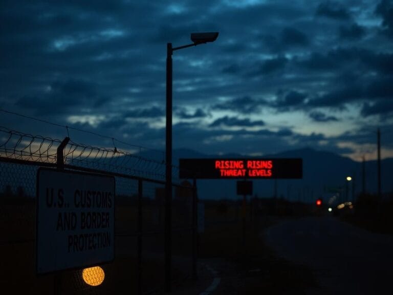 Flick International Dimly lit border checkpoint with security elements and surveillance cameras