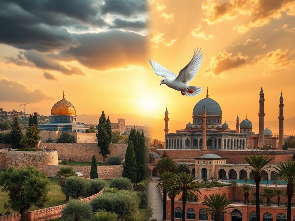 Flick International Serene landscape symbolizing peace between Israel and Iran, featuring iconic landmarks and a dove