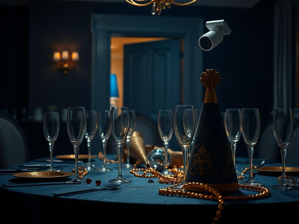 Flick International Dimly lit upscale home interior symbolizing a luxury New Year’s Eve party with empty champagne flutes and an ornate party hat.
