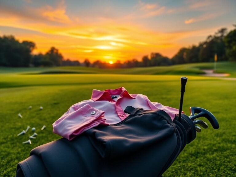 Flick International A vibrant golf course landscape at sunset with vintage golf apparel laid out