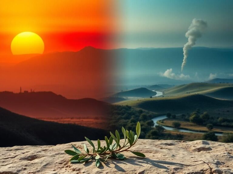 Flick International Serene landscape depicting a split image of Middle Eastern terrain with contrasting themes of conflict and peace.