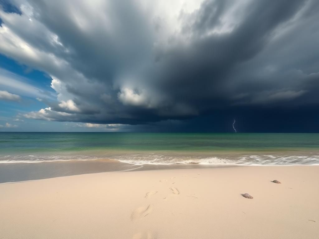 Flick International A serene Florida beach scene with dark clouds gathering before a storm