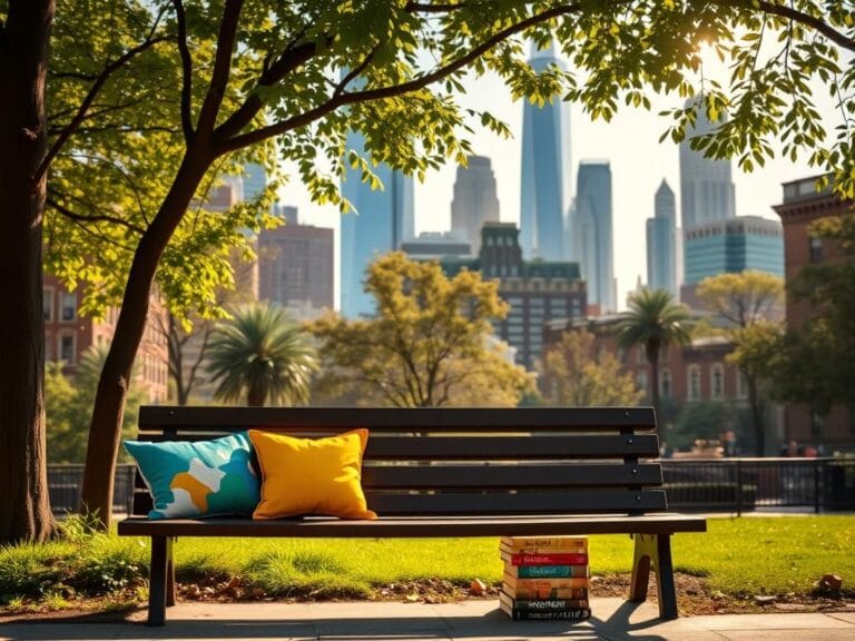Flick International Empty park bench in a vibrant NYC neighborhood symbolizing community dialogue