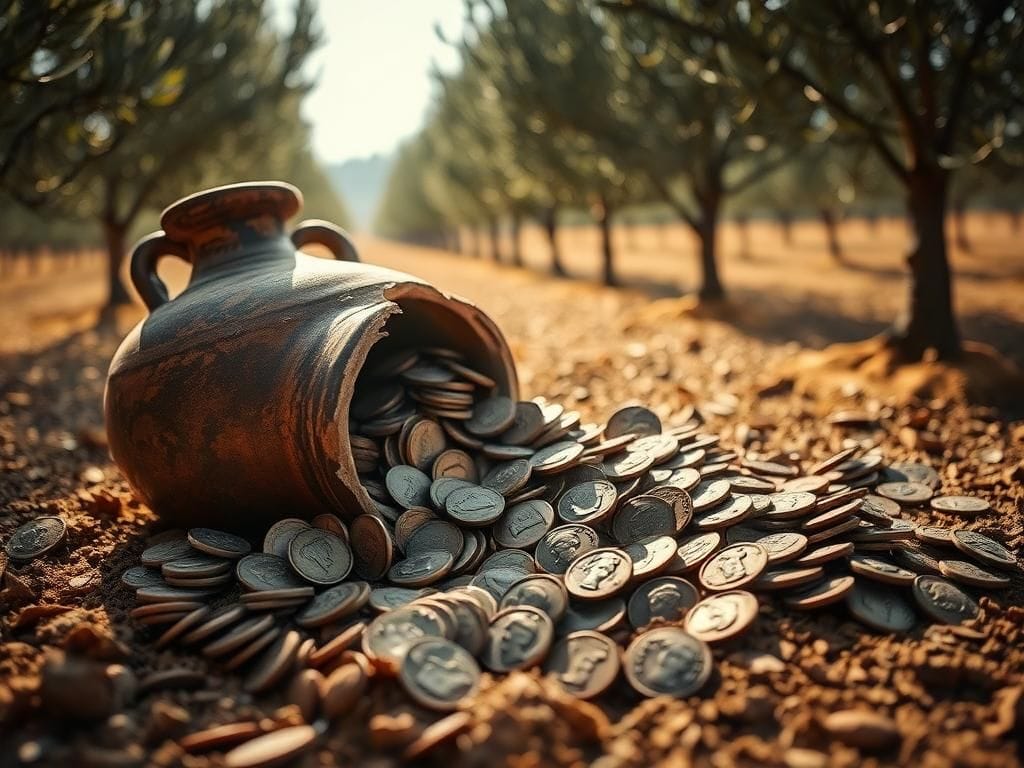 Flick International Ancient Roman coins spilling from a broken amphora among olive grove soil