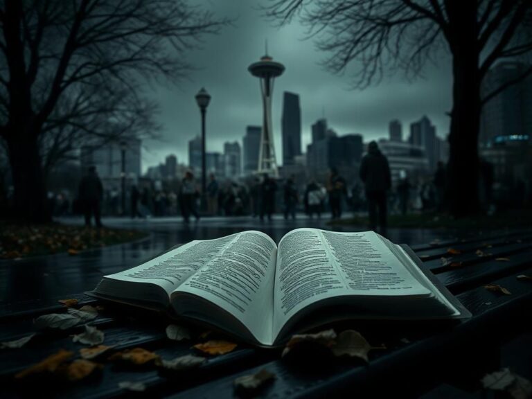 Flick International An open Bible on a park bench in Seattle's rain-soaked urban landscape