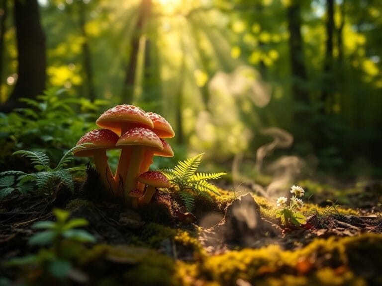 Flick International A cluster of vibrant magic mushrooms in a tranquil forest setting