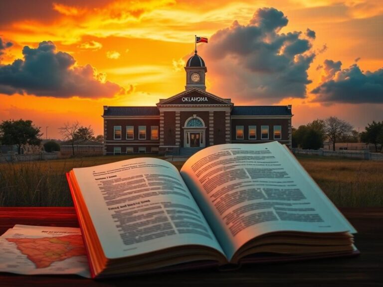 Flick International Dramatic landscape of an Oklahoma school building at sunset, symbolizing education and hope.