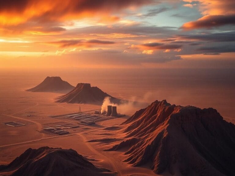 Flick International Aerial view of a desert landscape with remnants of nuclear facilities