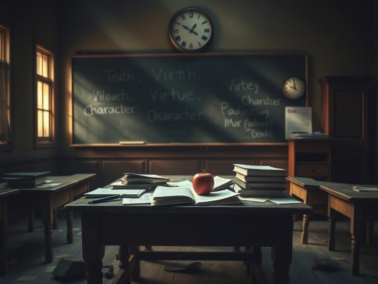 Flick International Dimly lit classroom with an abandoned wooden desk, scattered books, and a glowing apple symbolizing knowledge.