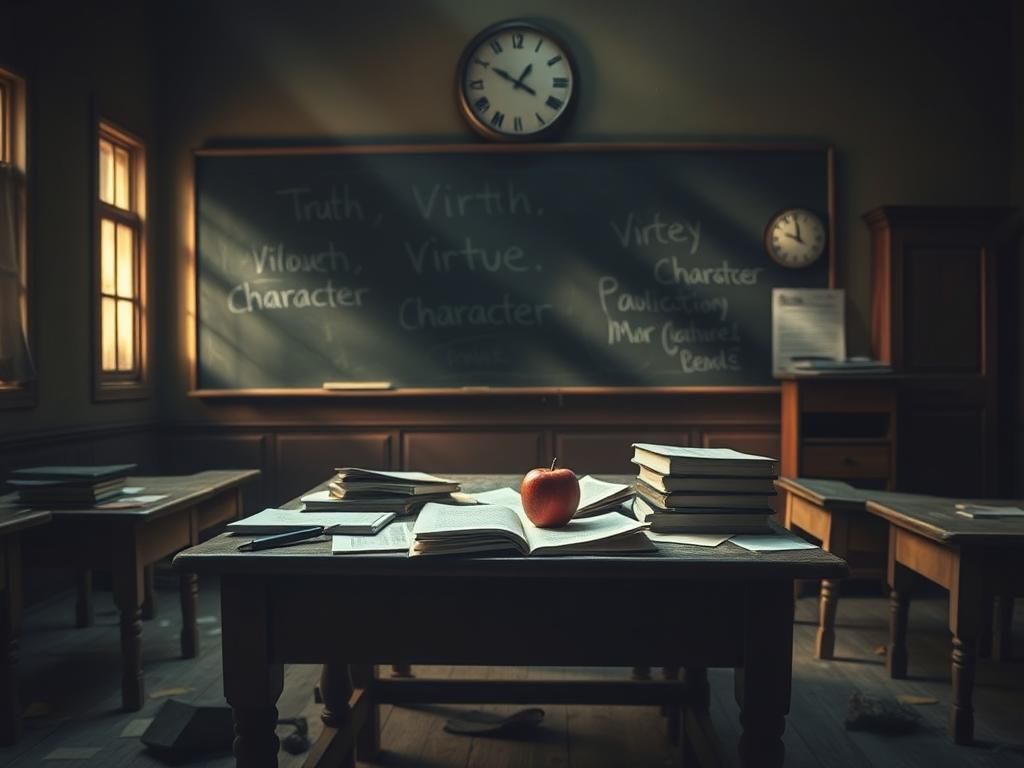 Flick International Dimly lit classroom with an abandoned wooden desk, scattered books, and a glowing apple symbolizing knowledge.