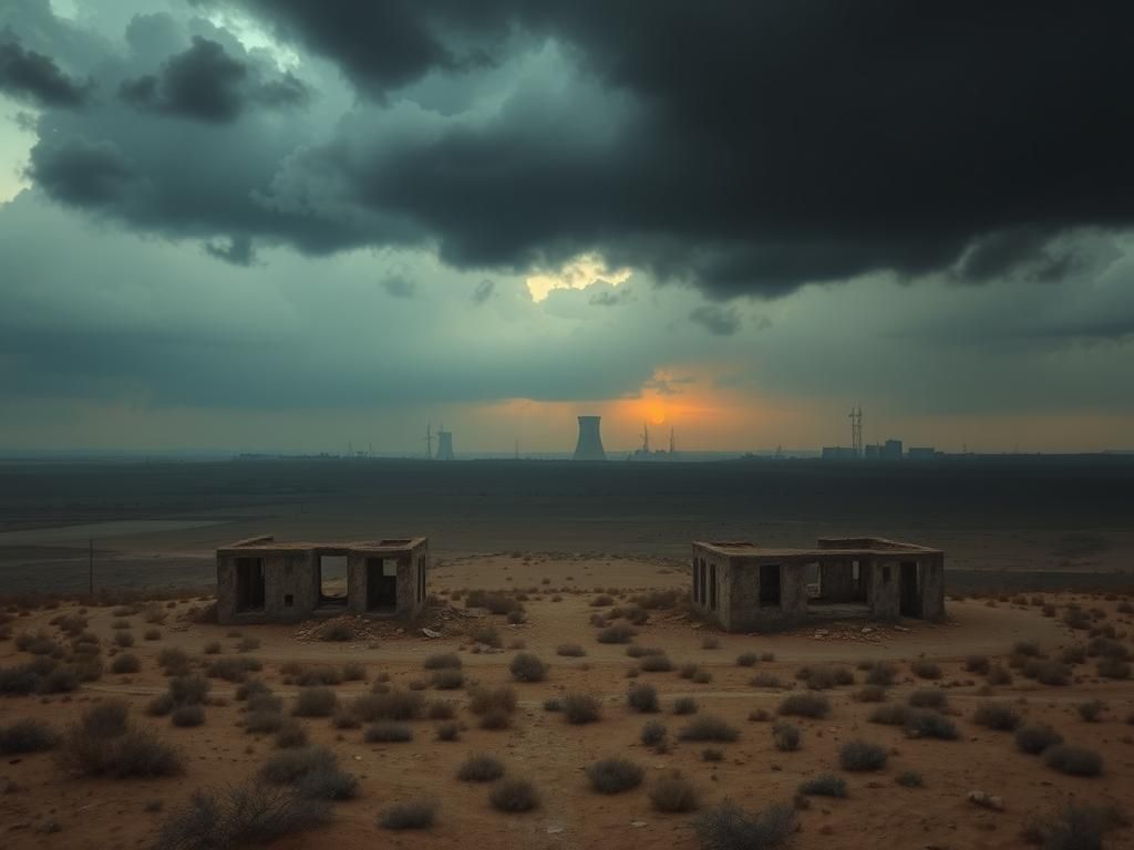 Flick International Aerial view of a desolate Middle Eastern landscape with storm clouds above