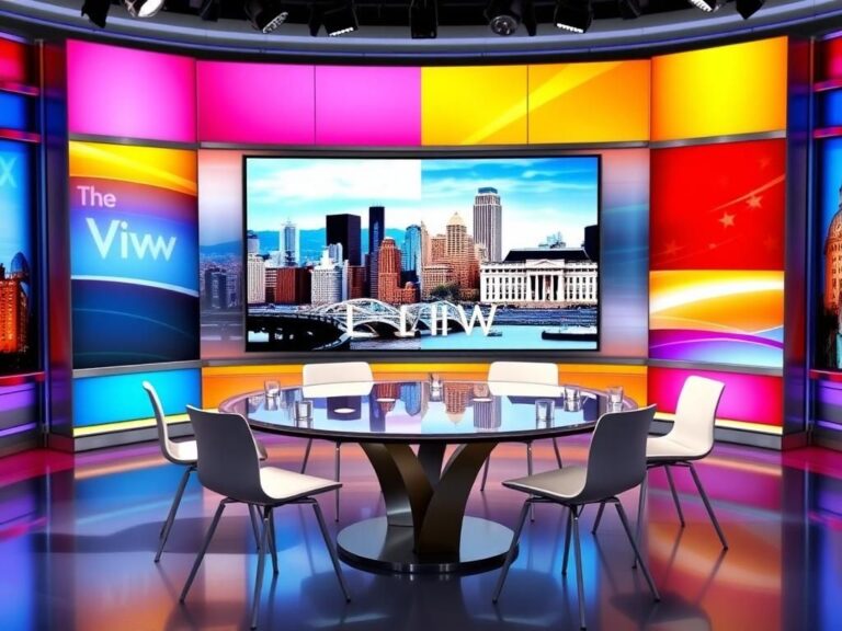 Flick International A television studio set inspired by 'The View' with contrasting cityscapes on a screen