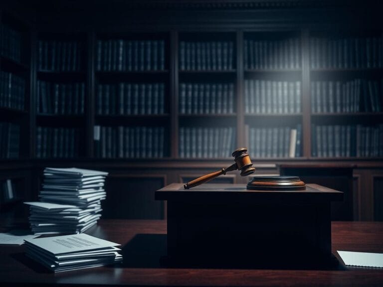 Flick International Dimly lit courtroom scene emphasizing absence of witnesses