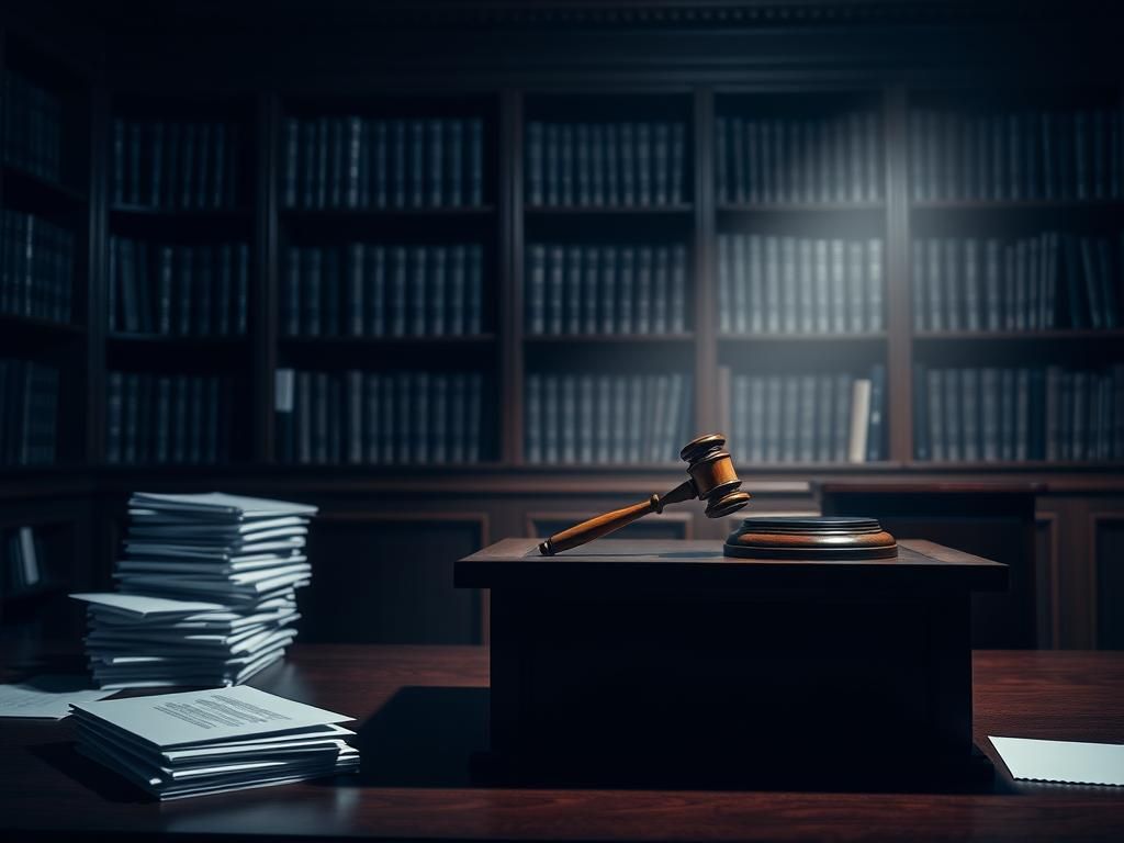 Flick International Dimly lit courtroom scene emphasizing absence of witnesses